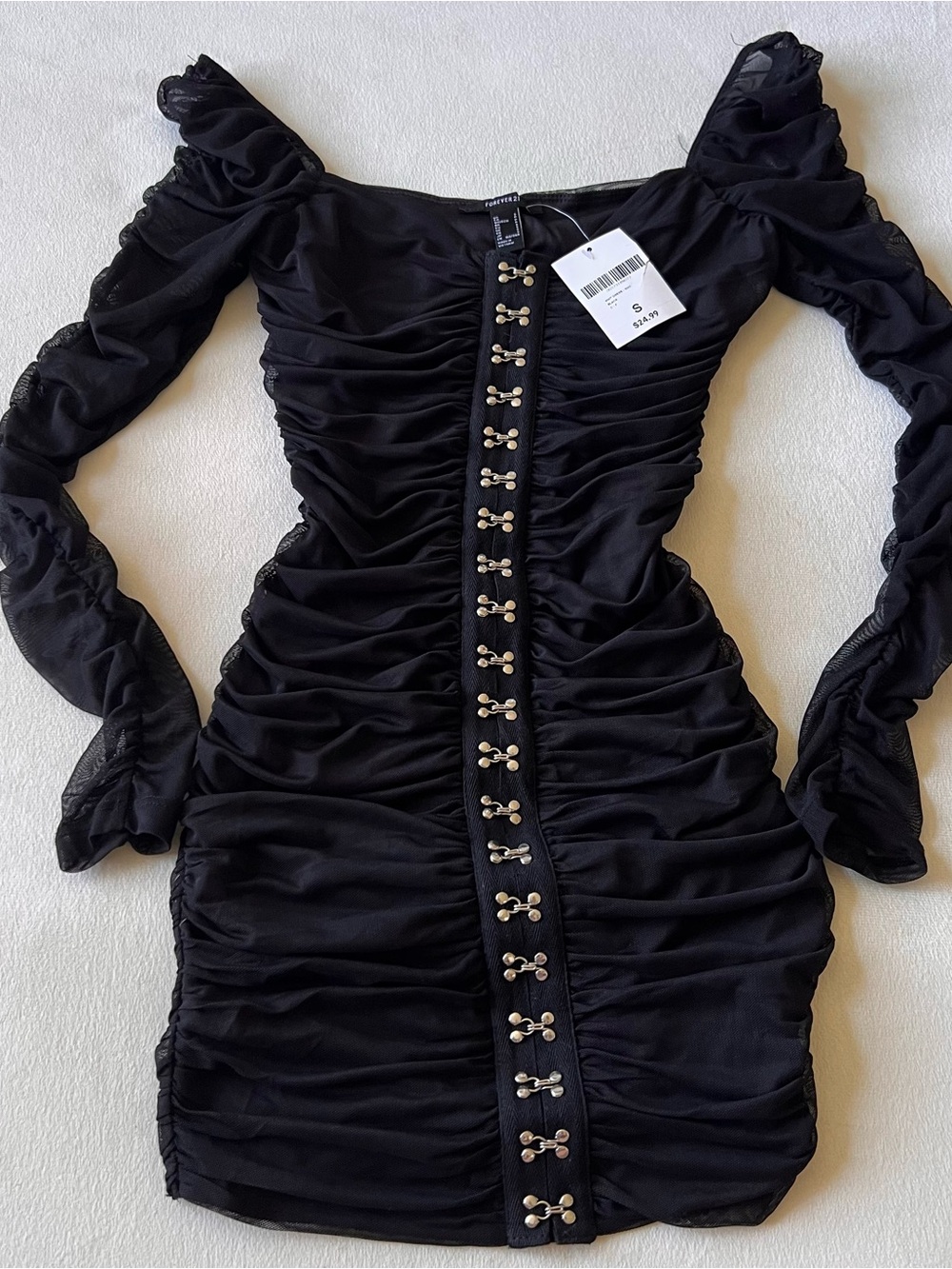 Black Ruched Goth Clubwear Long-Sleeve Mini Dress with Front Hook Details Sheer